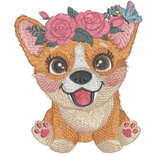 Corgi with flower wreath embroidery design - Embroidery Design