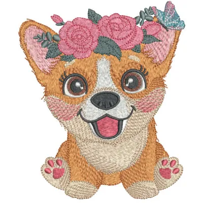 Adorable Corgi with a flower wreath embroidery design, perfect for stitching on t-shirts or tote bags.