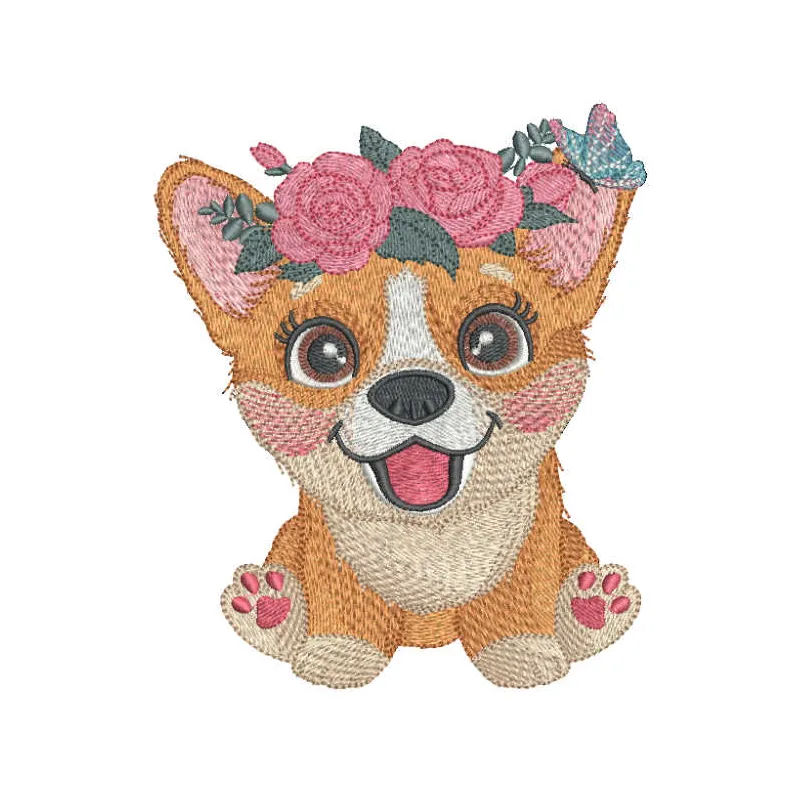 Adorable Corgi with a flower wreath embroidery design, perfect for stitching on t-shirts or tote bags.