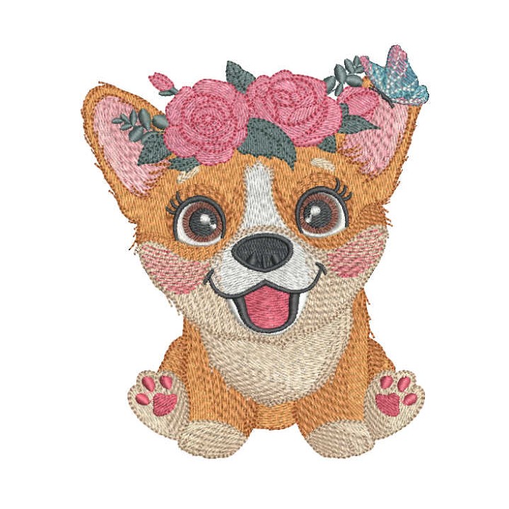 Corgi with flower wreath embroidery design - Embroidery Design