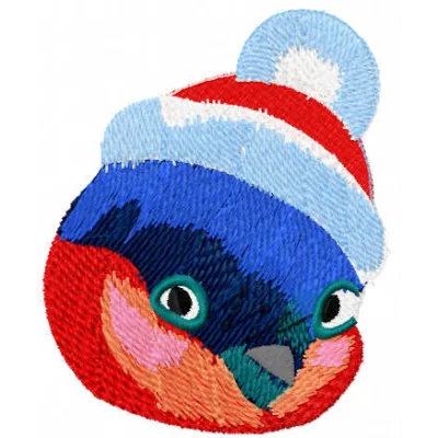 Adorable Christmas bullfinch embroidery design showcasing festive colors, ideal for holiday stitching projects.