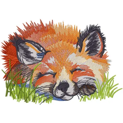 Embroidery design featuring a fox peacefully sleeping in the grass, ideal for various fabric projects.