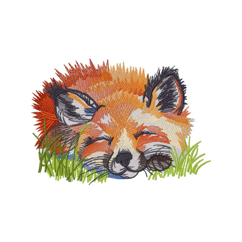 Embroidery design featuring a fox peacefully sleeping in the grass, ideal for various fabric projects.