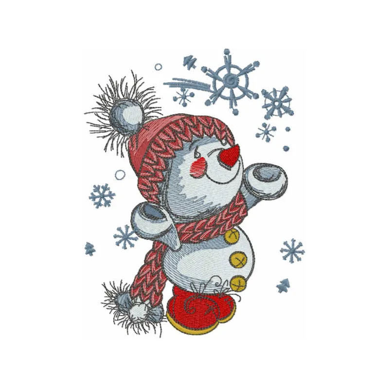 Embroidery design featuring cheerful snowmen playing with snowflakes, perfect for winter-themed projects.