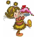 Embroidered design of a girl in a bee costume holding a cake, ideal for girls' apparel and accessories.