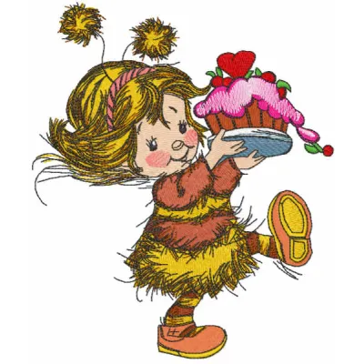 Embroidered design of a girl in a bee costume holding a cake, ideal for girls' apparel and accessories.