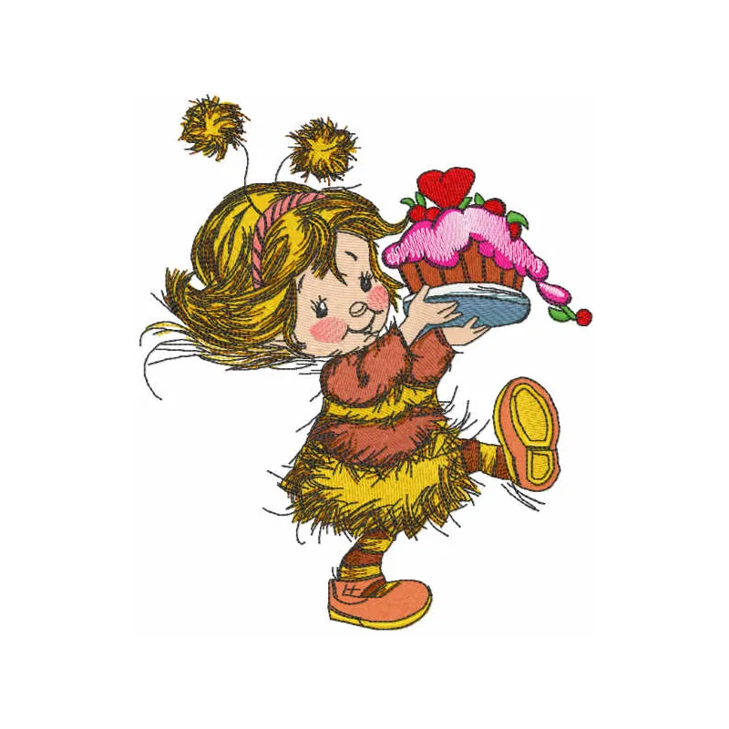Embroidered design of a girl in a bee costume holding a cake, ideal for girls' apparel and accessories.