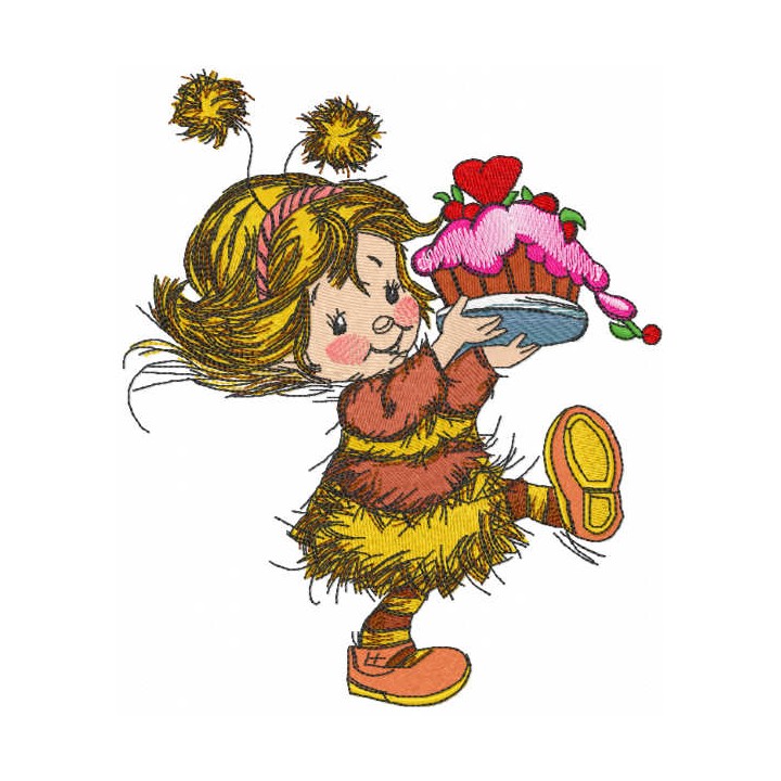 Girl in bee costume with cake embroidery design - Embroidery Design