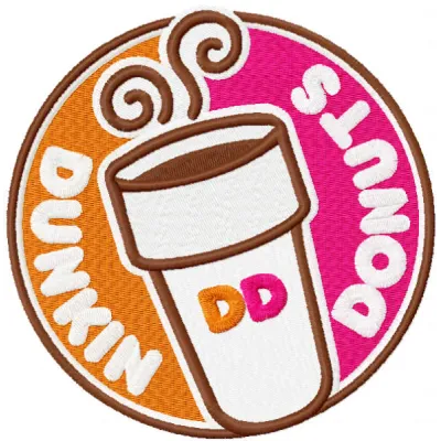 Dunkin Donuts round logo embroidery design, showcasing a colorful stitched motif for crafting and personalizing items.