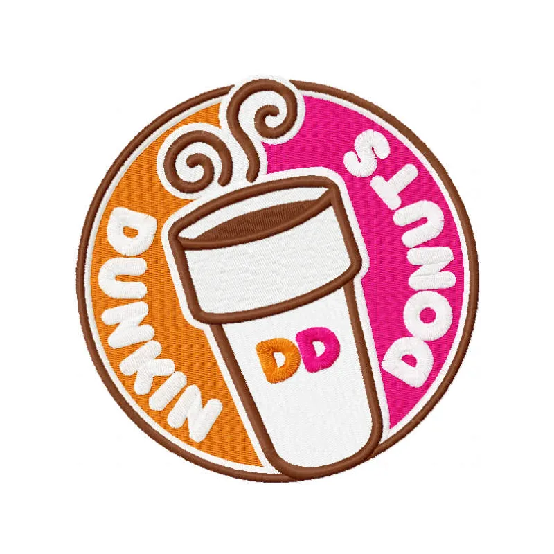 Dunkin Donuts round logo embroidery design, showcasing a colorful stitched motif for crafting and personalizing items.