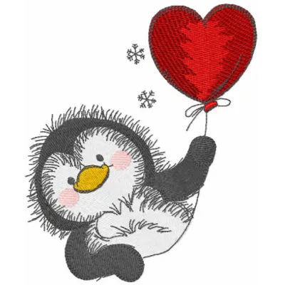 Preview of a Christmas penguin with balloon embroidery design, showcasing a whimsical bird motif for festive stitching.