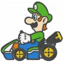 Embroidery design of Luigi on a cart, inspired by Super Mario, showcasing a playful stitching pattern.