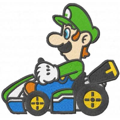 Embroidery design of Luigi on a cart, inspired by Super Mario, showcasing a playful stitching pattern.