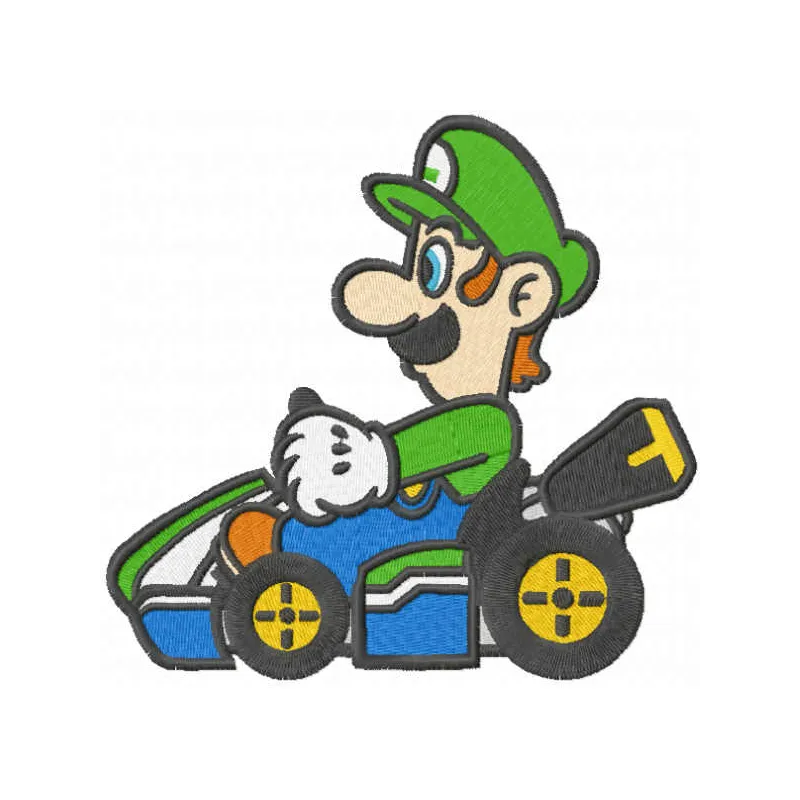 Embroidery design of Luigi on a cart, inspired by Super Mario, showcasing a playful stitching pattern.