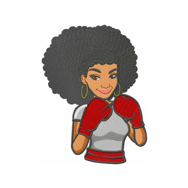 Preview of a woman boxer embroidery design showcasing a dynamic and inspiring stitched motif for athletic apparel.