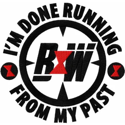 Embroidery design featuring the phrase 'I'm done running from my past' from the Black Widow collection.