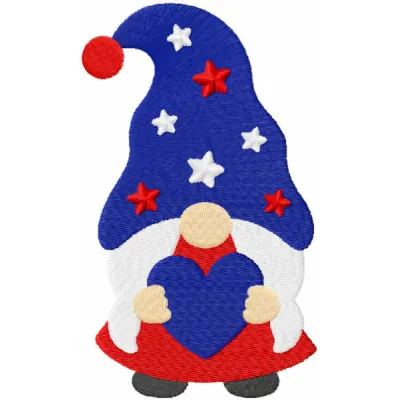 American gnome girl with heart embroidery design, featuring a whimsical character ideal for stitching on apparel or accessor…