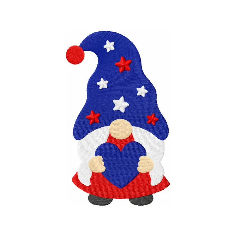 American gnome girl with heart embroidery design, featuring a whimsical character ideal for stitching on apparel or accessor…
