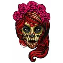 Embroidery design featuring a female skull adorned with roses in a vibrant Mexican style for creative stitching.
