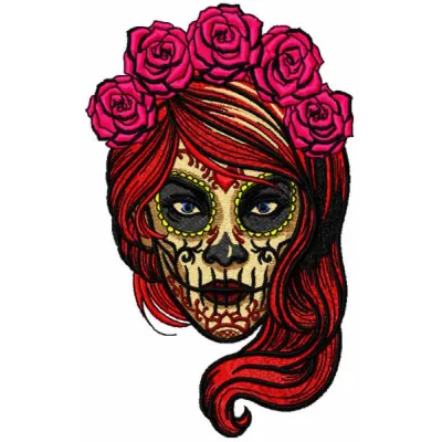 Embroidery design featuring a female skull adorned with roses in a vibrant Mexican style for creative stitching.
