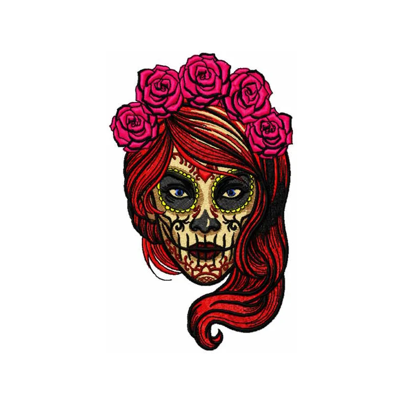 Embroidery design featuring a female skull adorned with roses in a vibrant Mexican style for creative stitching.