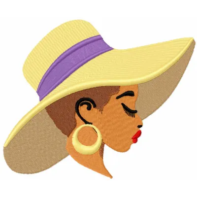 Embroidery design featuring a woman in a summer hat, ideal for stitching on t-shirts and tote bags.