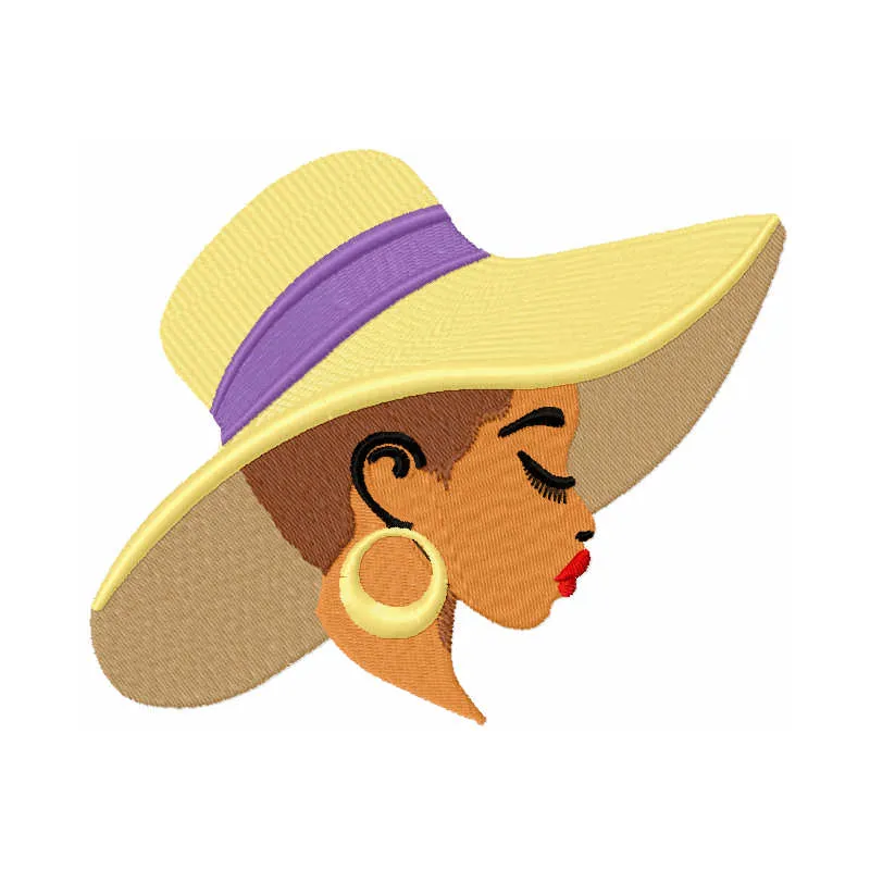 Embroidery design featuring a woman in a summer hat, ideal for stitching on t-shirts and tote bags.