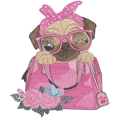 Preview of the 'Secret of My Purse' embroidery design featuring a playful dog motif, ideal for personalizing bags and appare…