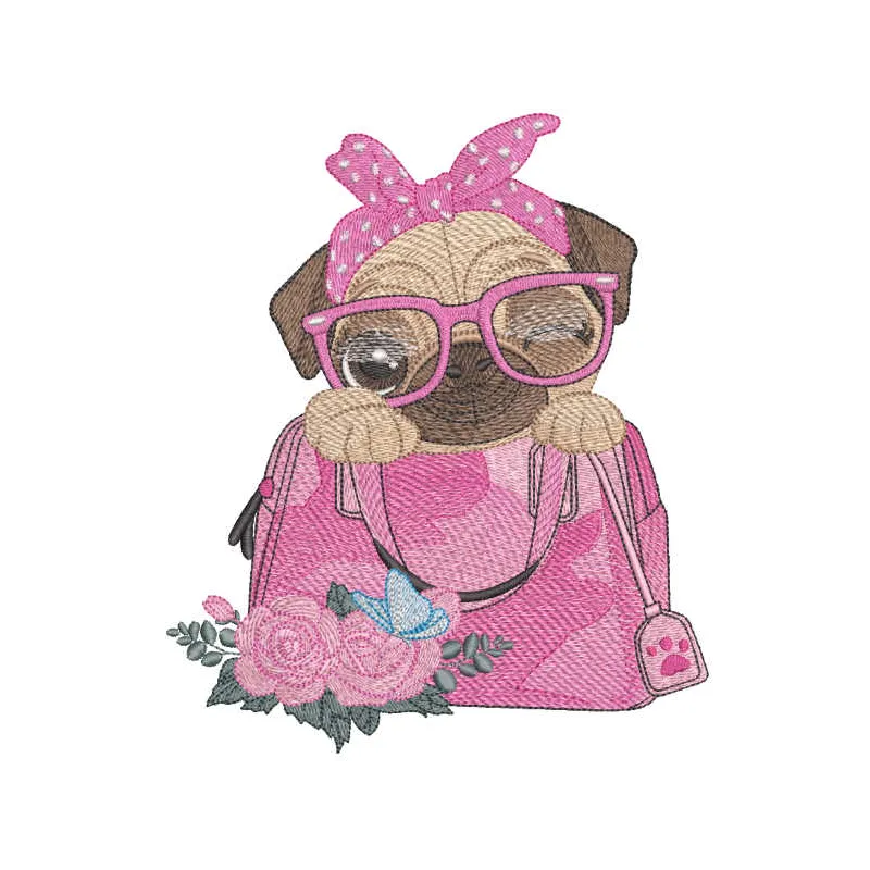 Preview of the 'Secret of My Purse' embroidery design featuring a playful dog motif, ideal for personalizing bags and appare…