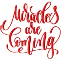 Preview of the 'Miracles are Coming' inscription embroidery design for adding inspirational quotes to various fabrics.