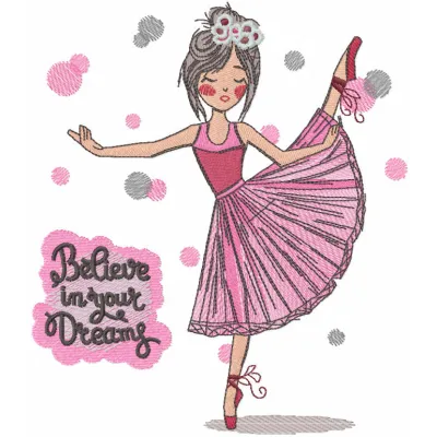 Ballet 'Believe in Your Dreams' embroidery design featuring graceful dancers and whimsical motifs for creative projects.