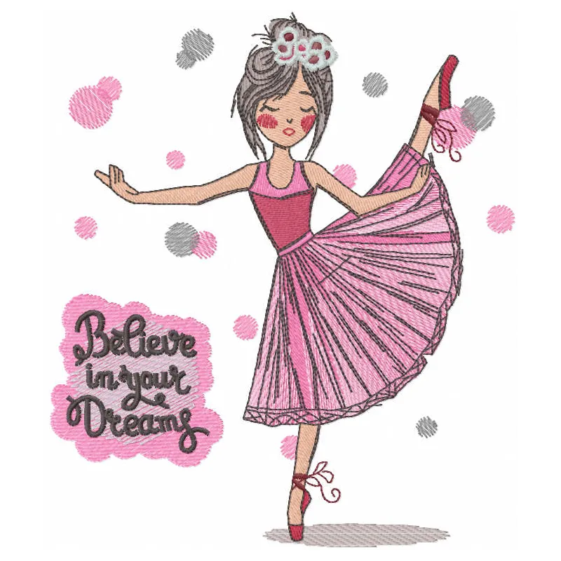 Ballet 'Believe in Your Dreams' embroidery design featuring graceful dancers and whimsical motifs for creative projects.
