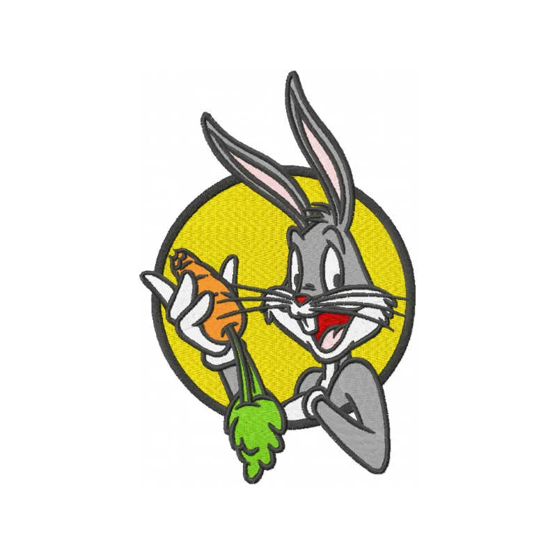 Bugs Bunny with carrot embroidery design featuring the iconic character from Looney Tunes, perfect for stitching on apparel.
