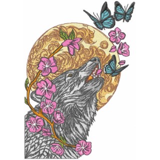 Wolf and butterflies embroidery design - Embroidery Design