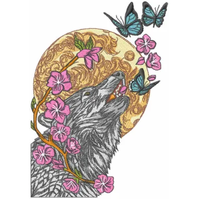 Wolf and butterflies embroidery design showcasing intricate stitching patterns featuring a majestic wolf with delicate butte…