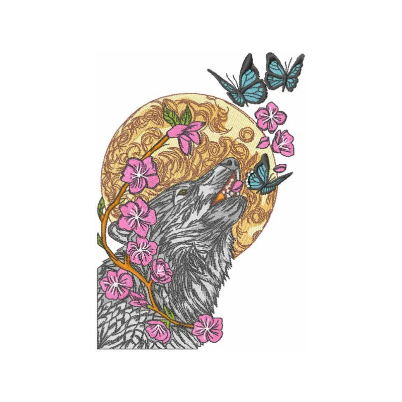 Wolf and butterflies embroidery design showcasing intricate stitching patterns featuring a majestic wolf with delicate butte…