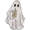 Charming ghost holding a coffee cup embroidery design, perfect for Halloween-themed projects and decor.
