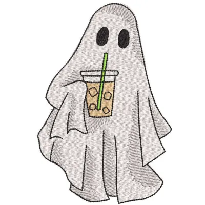 Charming ghost holding a coffee cup embroidery design, perfect for Halloween-themed projects and decor.