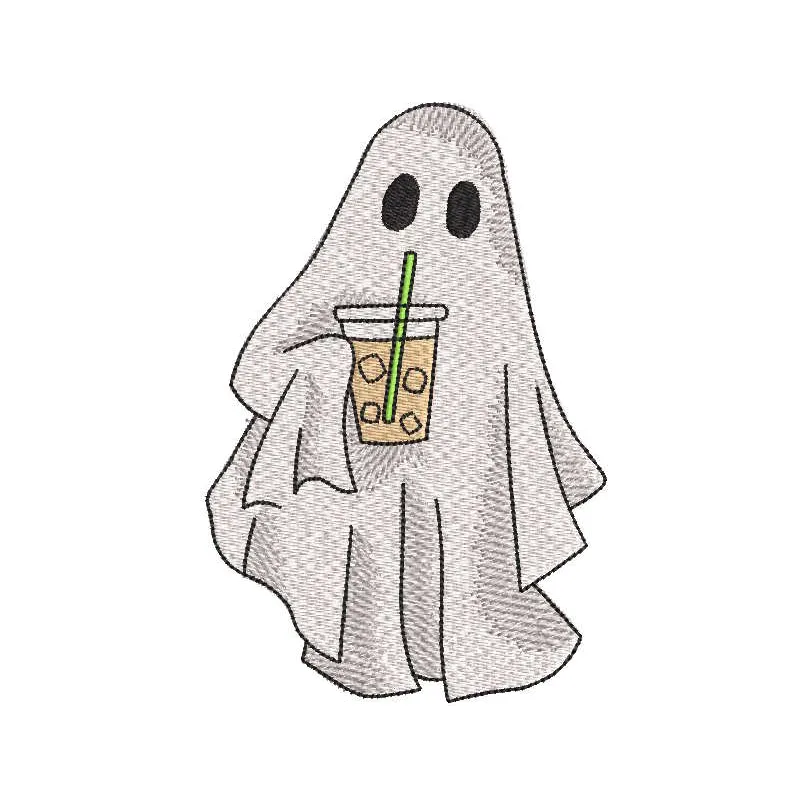 Charming ghost holding a coffee cup embroidery design, perfect for Halloween-themed projects and decor.