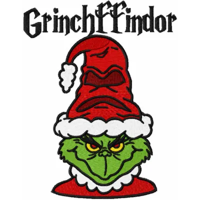 Grinchffindor embroidery design featuring a whimsical blend of Dr. Seuss characters and Harry Potter elements.