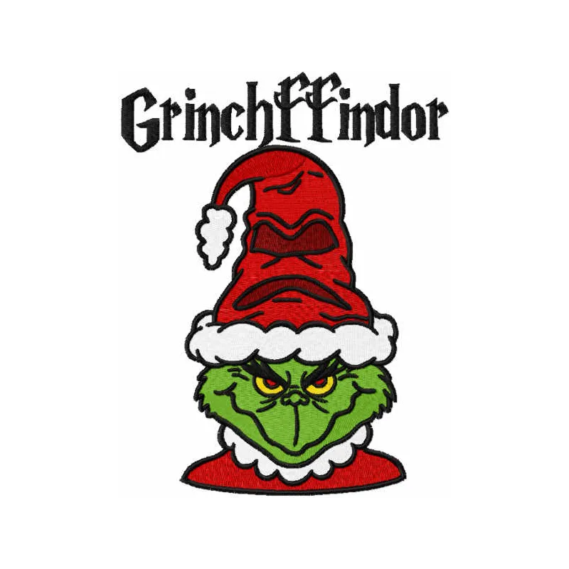 Grinchffindor embroidery design featuring a whimsical blend of Dr. Seuss characters and Harry Potter elements.
