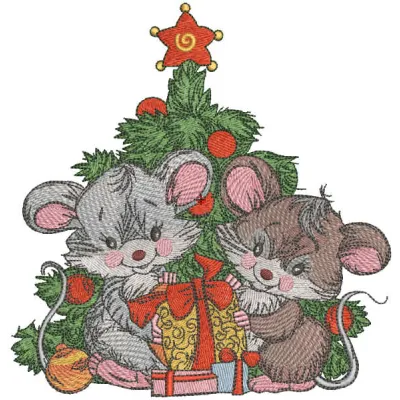 Embroidery design featuring adorable Christmas mice carrying gifts, perfect for festive stitching projects.