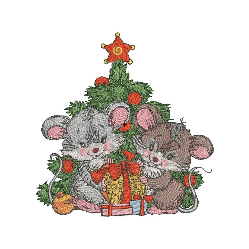 Embroidery design featuring adorable Christmas mice carrying gifts, perfect for festive stitching projects.
