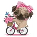 Embroidery design of a pug dog joyfully riding a bicycle, perfect for pet lovers and crafters.
