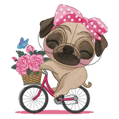 Embroidery design of a pug dog joyfully riding a bicycle, perfect for pet lovers and crafters.