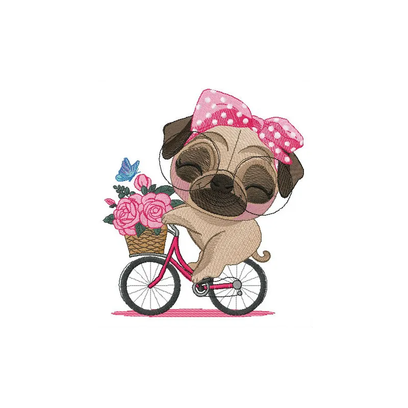 Embroidery design of a pug dog joyfully riding a bicycle, perfect for pet lovers and crafters.