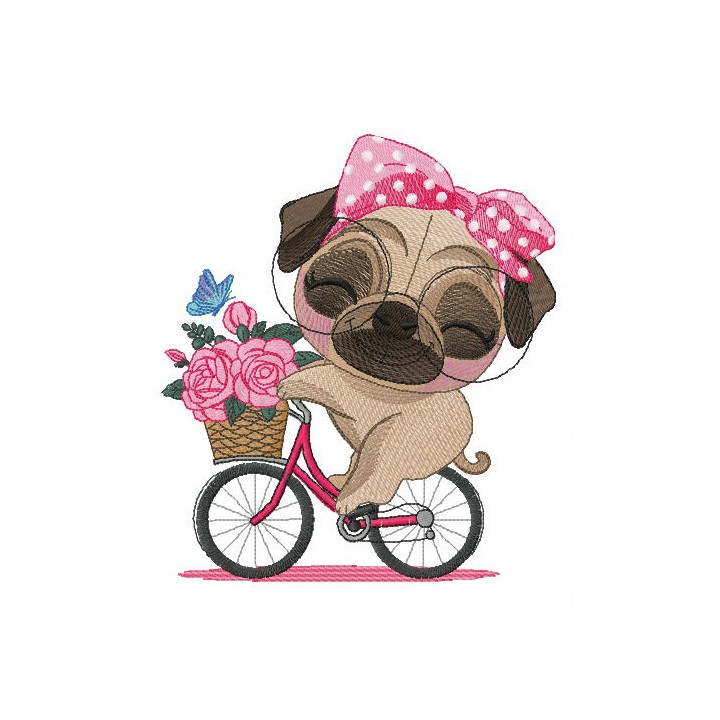 Pug-dog riding bike embroidery design - Embroidery Design