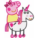 Embroidery design featuring a playful pig riding a horse, perfect for children's projects and playful stitched motifs.