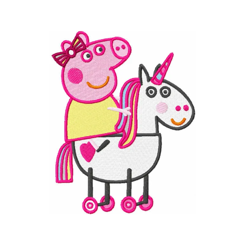 Embroidery design featuring a playful pig riding a horse, perfect for children's projects and playful stitched motifs.