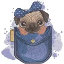 Pug in pocket embroidery design showcasing a cute dog motif perfect for stitching on t-shirts and tote bags.